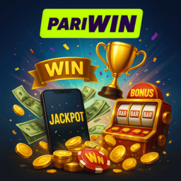 PariWin casino jackpot wins featuring golden trophy, slot machine displaying 777, stacks of money, coins, and bonus rewards