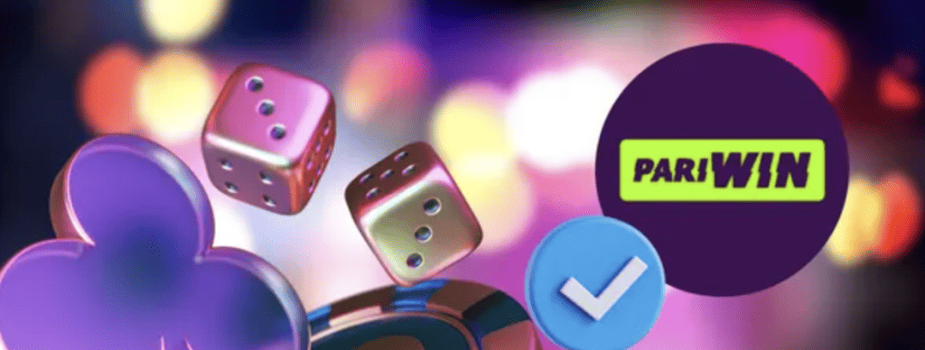 PariWin verified casino platform with floating dice and blue checkmark symbol representing secure gambling and fair play
