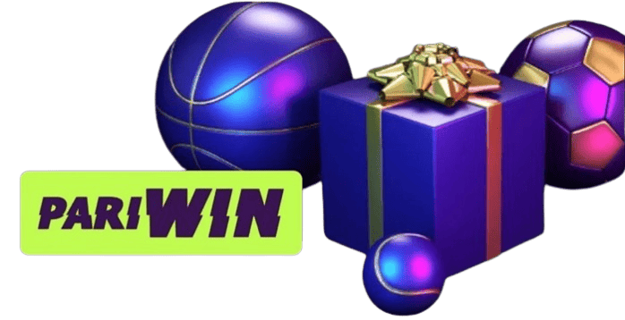 PariWin casino welcome bonus and promotional gifts featuring purple gift boxes with golden ribbons and decorative spheres"